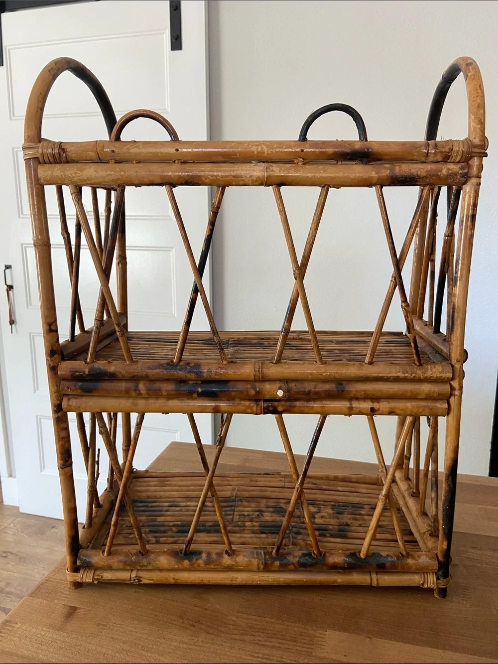 Vintage 3 Tier Burnt Tortoiseshell Bamboo Display Shelf